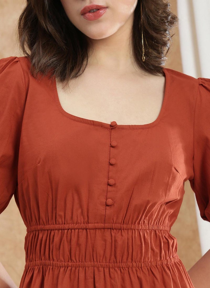 Globus Women Rust Square Neck Puff Sleeves Solid Gathered Tiered Fit & Flare Maxi Dress - Image 5